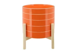 10 Inch Orange Striped Planter W/ Wood Stand