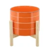 8 Inch Orange Striped Planter W/ Wood Stand
