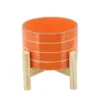 6 Inch Orange Striped Planter W/ Wood Stand -Estally Home Decor Store 282079 orange ceramic planter signature 01