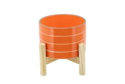 6 Inch Orange Striped Planter W/ Wood Stand