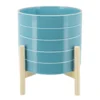 10 Inch Skyblue Striped Planter W/ Wood Stand -Estally Home Decor Store 282080 blue ceramic planter signature 01