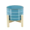 6 Inch Skyblue Striped Planter W/ Wood Stand