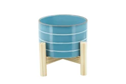 6 Inch Skyblue Striped Planter W/ Wood Stand