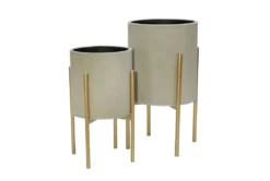 Gray/Gold Set Of Two Planter On Metal Stand