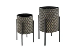 Blk/Gold Set Of Two Textured Honeycomb Planter On Metal Stand