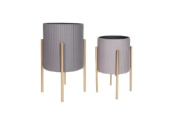 Gray/Gold Set Of Two Textured Planter On Metal Stand