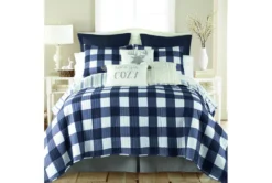 Full/Queen Quilt-3 Piece Set Reversible Farmhouse Buffalo Plaid To Stripe Navy