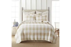 King Quilt-3 Piece Set Reversible Farmhouse Buffalo Plaid To Stripe Taupe