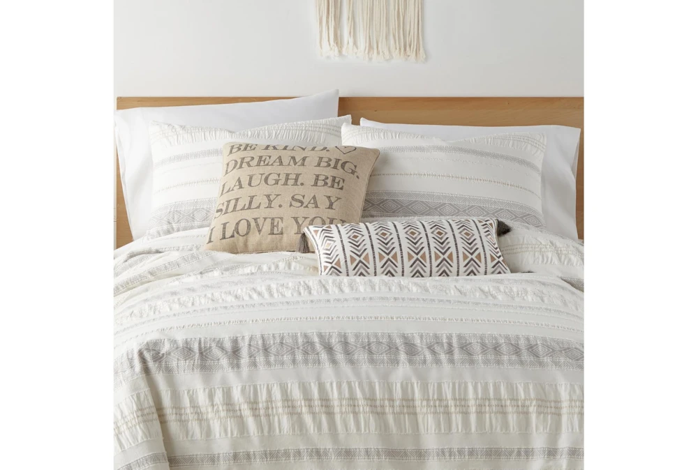 Twin Duvet-2 Piece Set Tribal Woven Stripe & Ruching White/Grey 4 Twin Duvet-2 Piece Set Tribal Woven Stripe & Ruching White/Grey - Image 2
