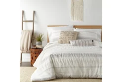 Twin Duvet-2 Piece Set Tribal Woven Stripe & Ruching White/Grey