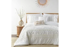 Queen Duvet-3 Piece Set Tribal Jacquard In Tufted Chenille And Frayed Cotton White