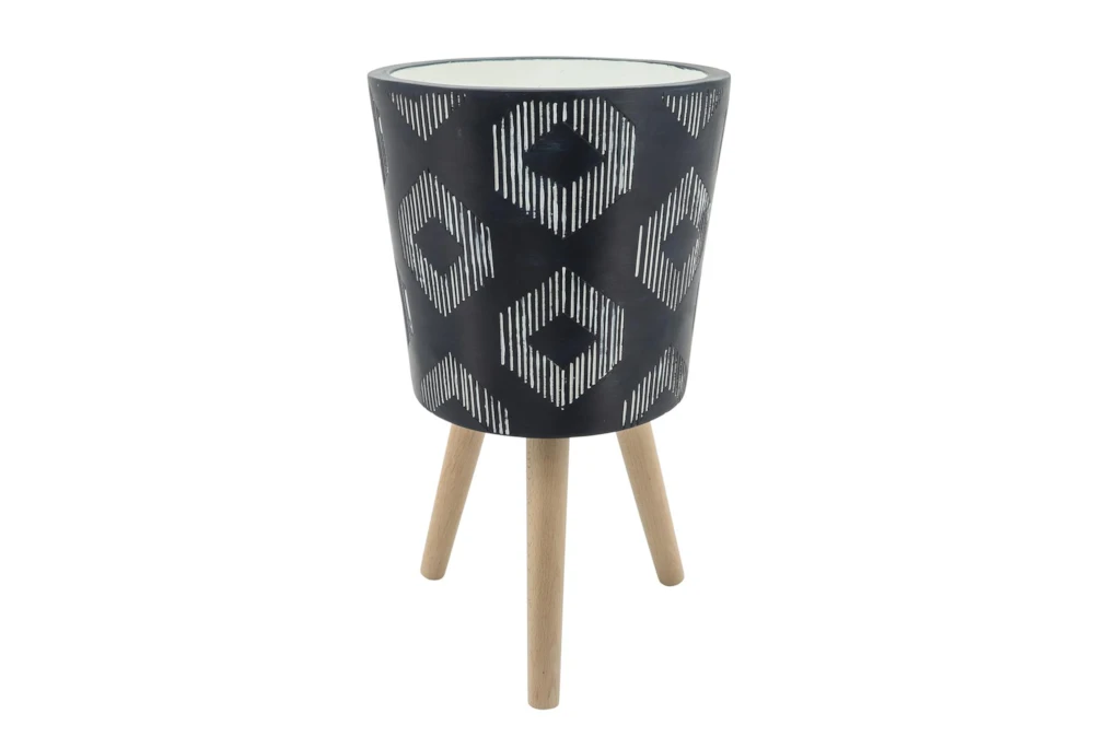 Diamond Pattern Resin Planter W/ Wood Legs Black Set Of 2 4 Diamond Pattern Resin Planter W/ Wood Legs Black Set Of 2 - Image 2