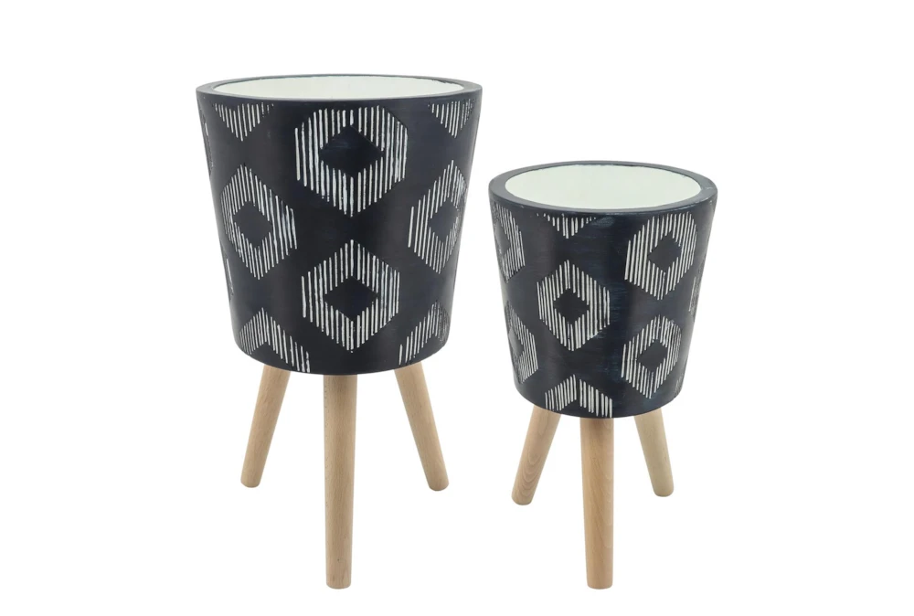 Diamond Pattern Resin Planter W/ Wood Legs Black Set Of 2 3 Diamond Pattern Resin Planter W/ Wood Legs Black Set Of 2