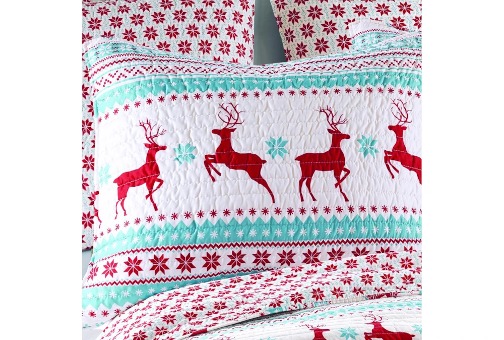 Eastern King Quilt-3 Piece Set Reversible Teal And Red Reindeer Print To Snowflake - Image 3