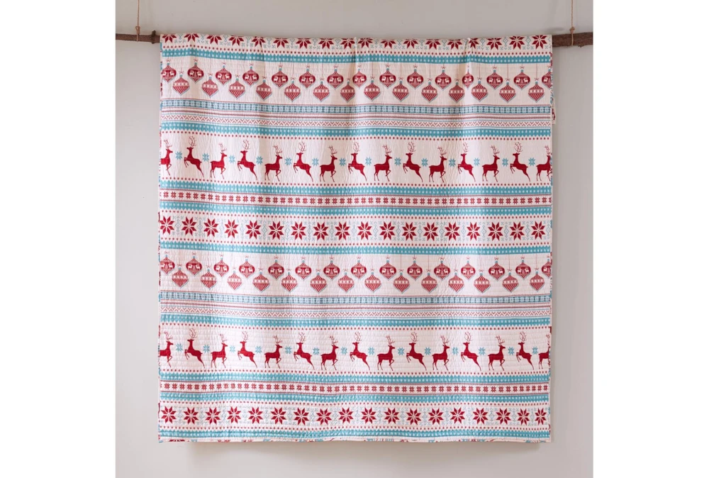 Eastern King Quilt-3 Piece Set Reversible Teal And Red Reindeer Print To Snowflake - Image 4