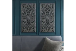 16X32 Antique Blue Distressed Wood Botanical Carved Dimensional Wall Panel Set Of 2 -Estally Home Decor Store 319369 blue mdf painting room 86