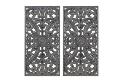 16X32 Antique Blue Distressed Wood Botanical Carved Dimensional Wall Panel Set Of 2