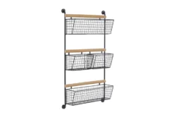 18X31 Black Metal + Wood 4 Hanging Basket Farmhouse Wall Shelf