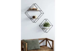 16" + 12" Black Metal + Brown Wood Diamond Wall Shelves Set Of 2 -Estally Home Decor Store 322103 black metal shelf room 85